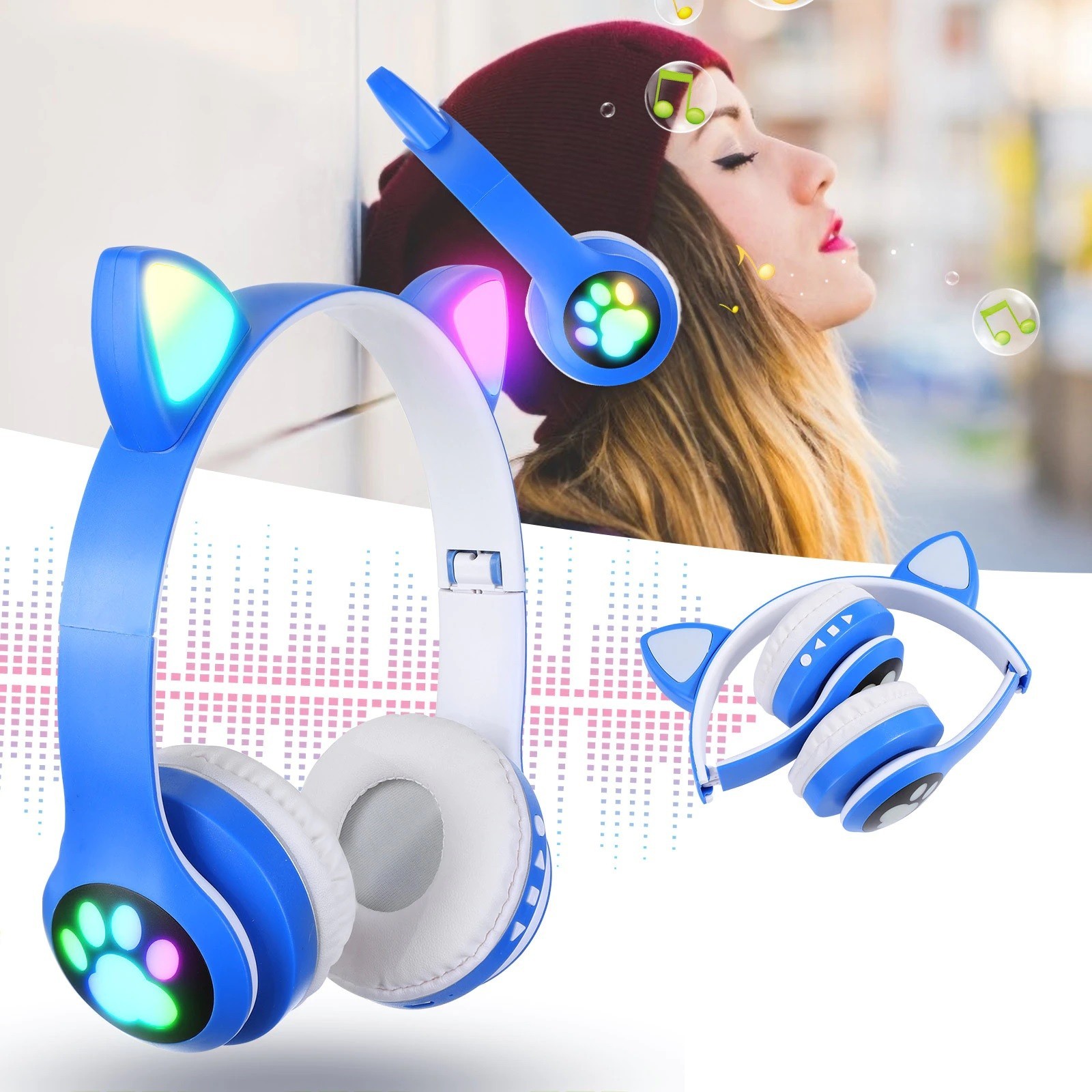 

Беспроводные наушники с кошачьими ушками и цветной подсветкой Cat VZV 23M Blue