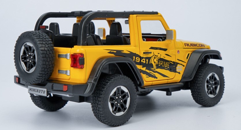 

Модель автомобиля Jeep Wrangler 1:20 внедорожник открытый багажник желтый