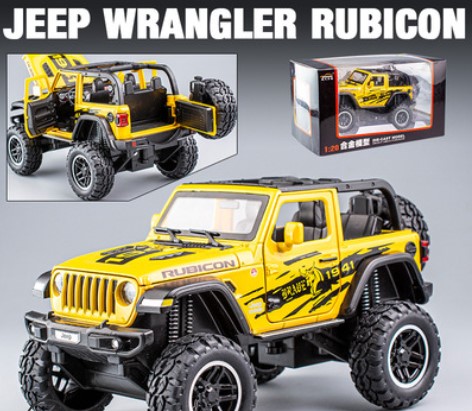 

Модель автомобиля Jeep Wrangler 1:20 внедорожник открытый багажник желтый высокие колеса