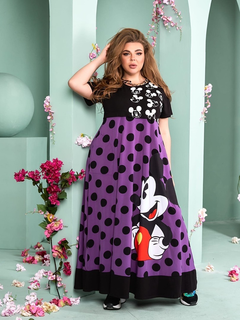 

Платье летнее длинное в горох принт верх вискоза хлопок низ софт Miss Podium Фиолетовый 54