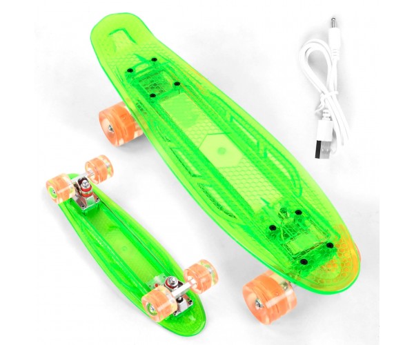 

Пенни борд (Penny Board, скейт) Best Board S20855, со светящимися колесами, прозрачной светящейся декой, USB зарядкой, Голубой