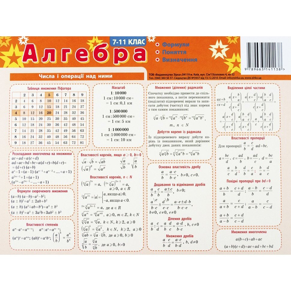 Картонка-підказка Алгебра 7-11 кл. ZIRKA 66438 – фото, відгуки ...