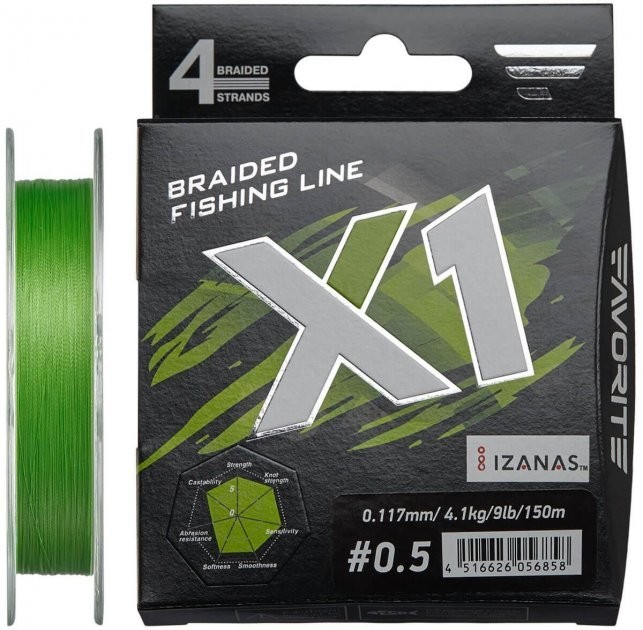 

Шнур Favorite X1 PE Light Green 4x 150m #0.5/0.117 mm 4.1 kg
