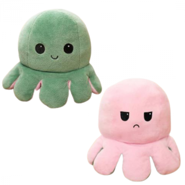 

Мягкая игрушка осьминог перевертыш двусторонний «веселый + грустный», большой - 20 см (реверсивный, флип) розовый бирюзовый