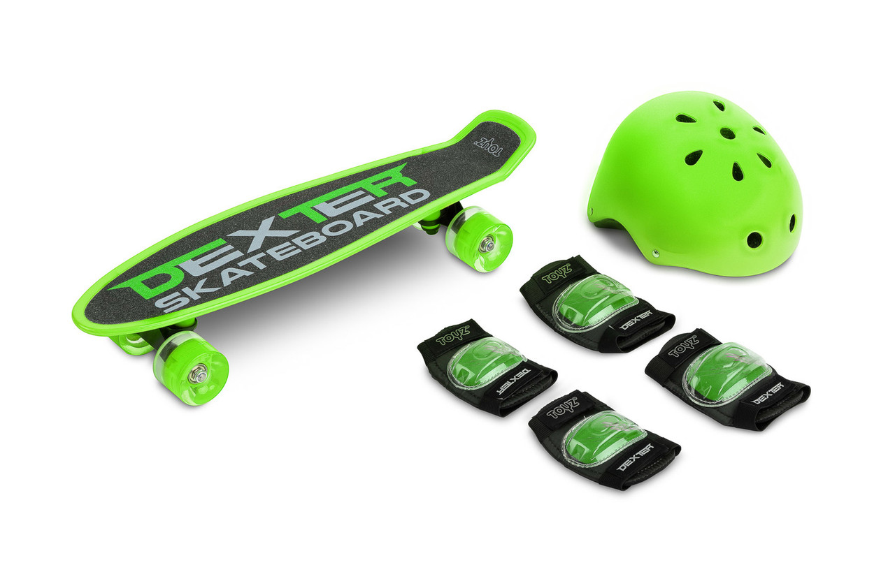

Скейт пенни борд Caretero Dexter Green со светящимися колесами + шлем и защита 56 x 15 x 12 см