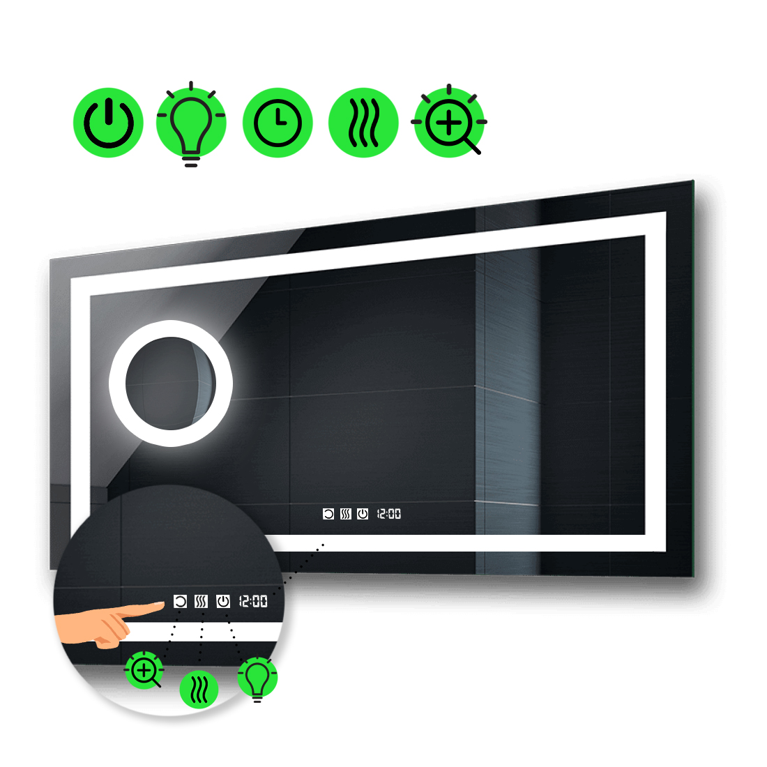 

LED-зеркало 100x80см, с тремя сенсорами, часами, подогревом и линзой с подсветкой, модель Karnet.