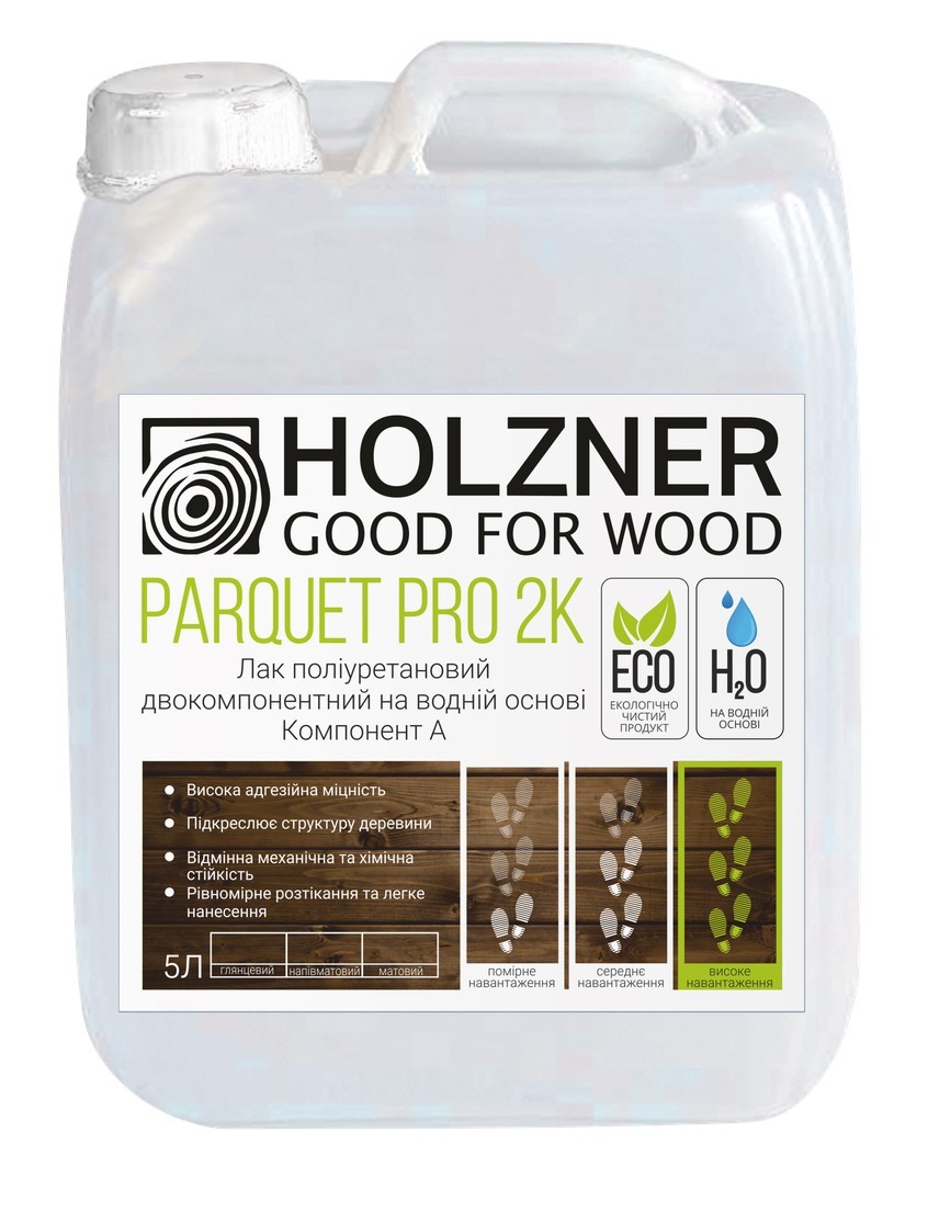 

Лак полиуретановый двухкомпонентный на водной основе Holzner Parquet Pro 2К Полуматовый 5+0.5 л