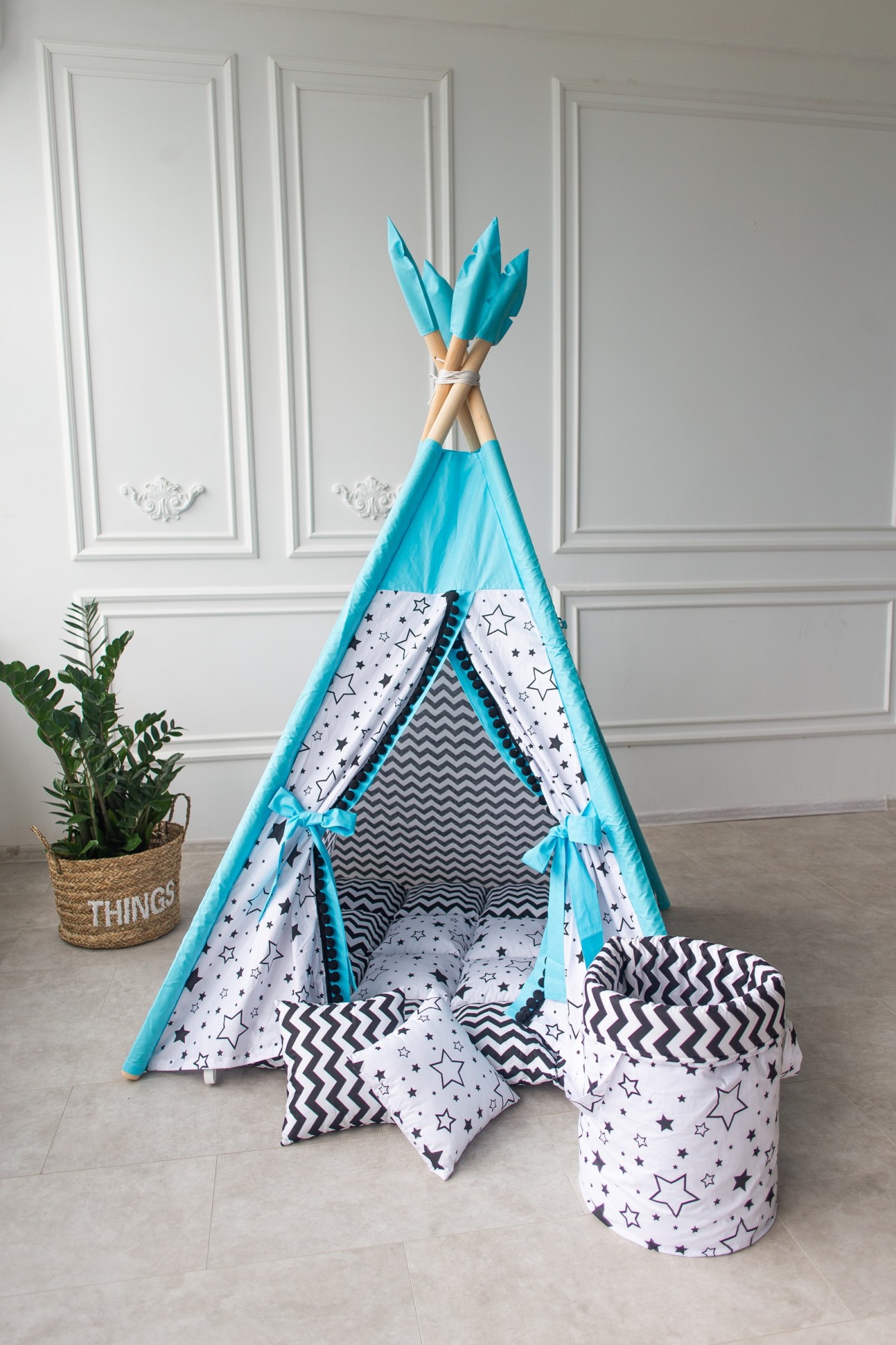 

Вігвам - Дитячий намет "Blue stars" колір Голубий+ 2 подушки + система антискладання