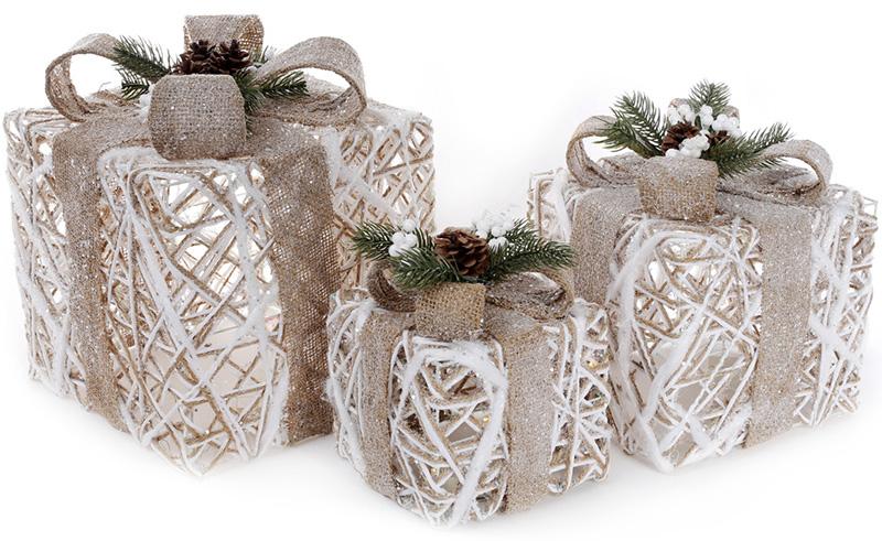 

Набор декоративных подарков - 3 коробки 15х20см, 20х25см, 25х30см с LED-подсветкой, белый с бежевыми бантами Bona BD-NY12-487