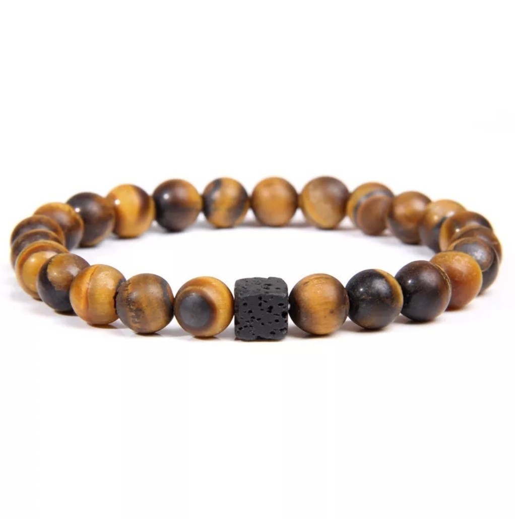 

Браслет бусы натуральный камень тигровый глаз и квадратная вулканическая Лава, Унисекс