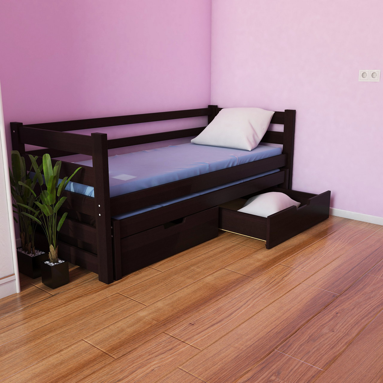 

Кровать детская деревянная односпальная Luna Соня с дополнительным выдвижным спальным местом 90х200 венге