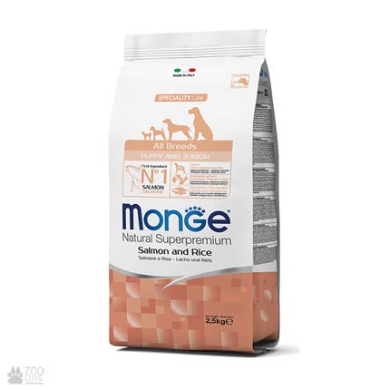 

Сухой корм для щенков всех пород Monge All Breeds Puppy & Junior Salmon с лососем 800 г