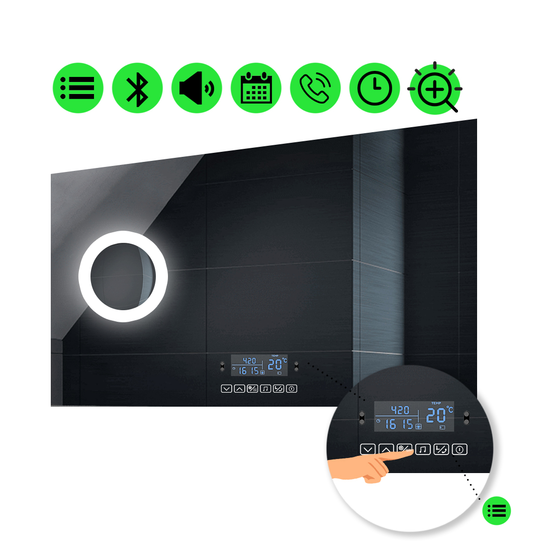

LED-зеркало 80x60см, с Smart-блоком и линзой с подсветкой, модель Lucia