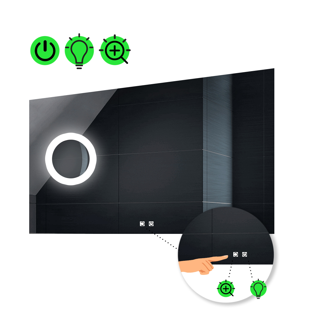 

LED-зеркало 80x60см, с двумя сенсорами и линзой с подсветкой, модель Lucia