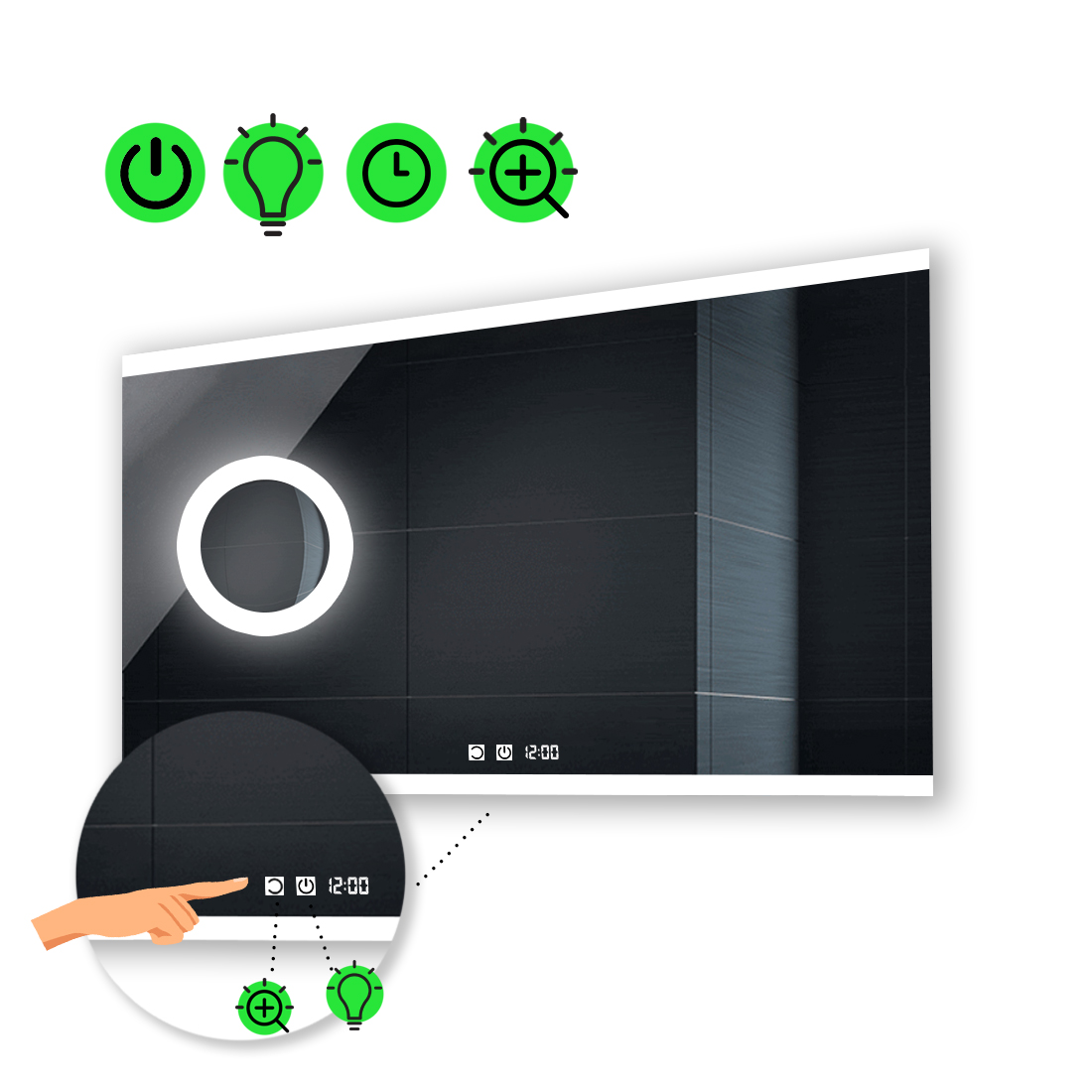 

LED-зеркало 120x100см, с двумя сенсорами, часами и линзой с подсветкой, модель Ines