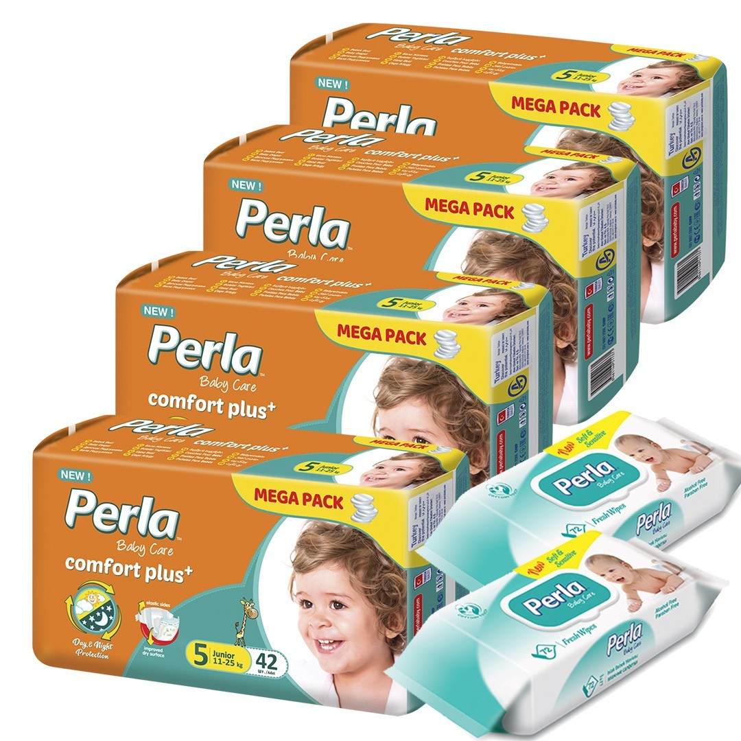 

Подгузники для детей Perla Comfort plus Junior размер 5 (11-25кг) 168шт +2*72шт влажных салфеток