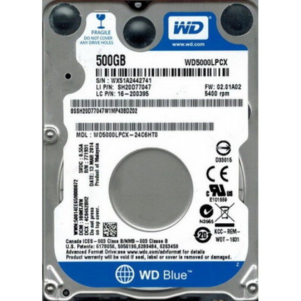 

HDD 2.5" SATA 500GB WD Blue 5400rpm 16MB (WD5000LPCX) Refurbished