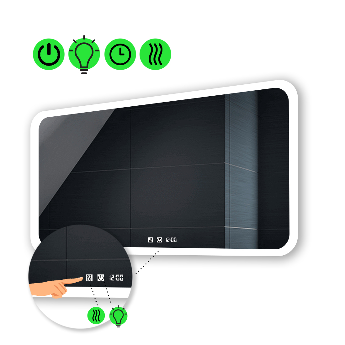 

LED-зеркало 80x60см, с двумя сенсорами, часами и подогревом, модель Ahana