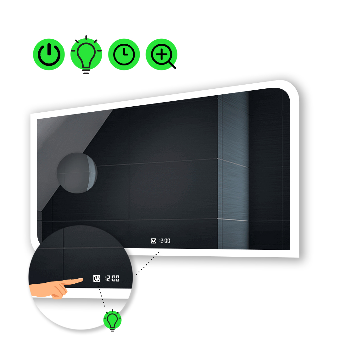 

LED-зеркало 90x70см, с сенсором, часами и линзой без подсветки, модель Kruka