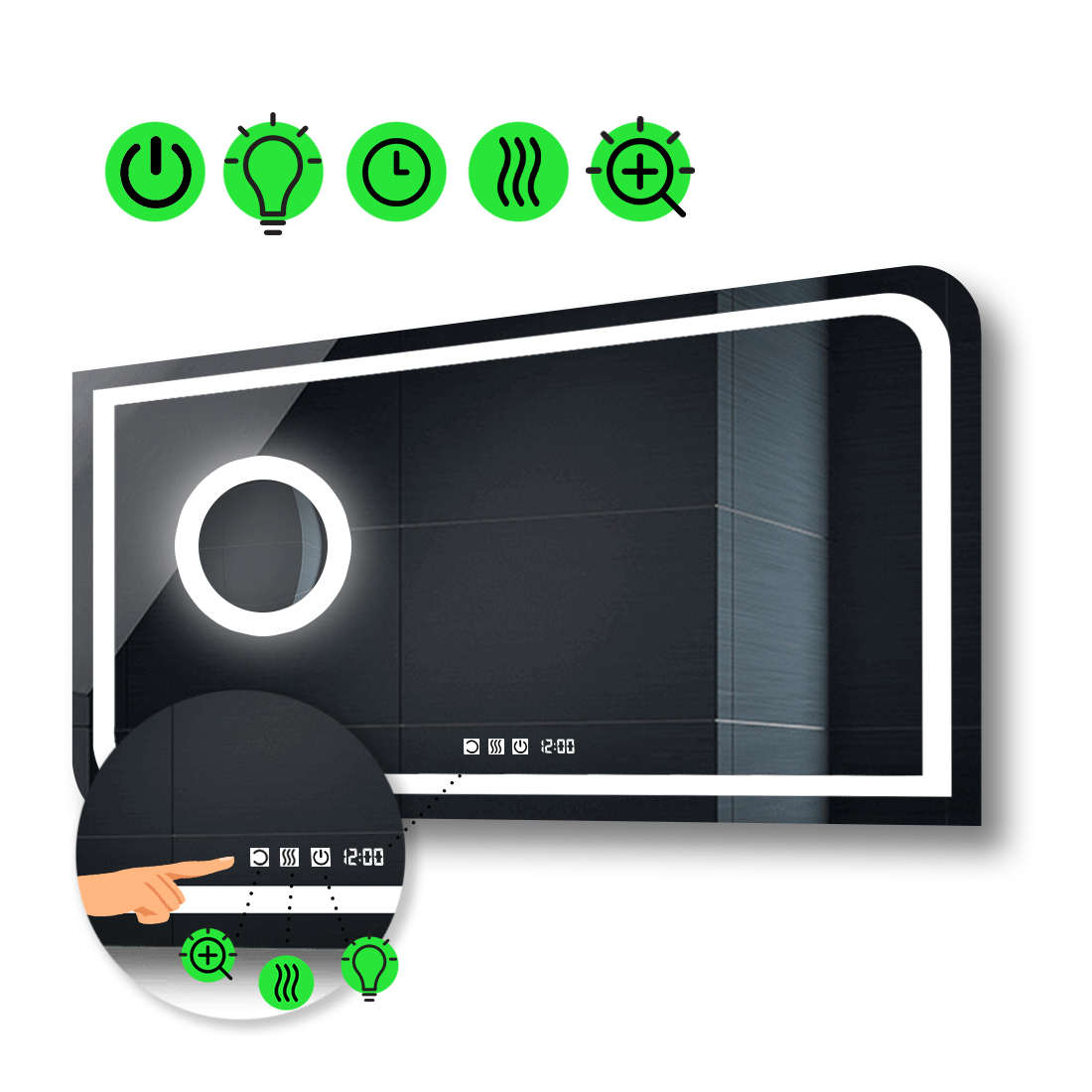 

LED-зеркало 80x60см, с тремя сенсорами, часами, подогревом и линзой с подсветкой, модель Noemi.