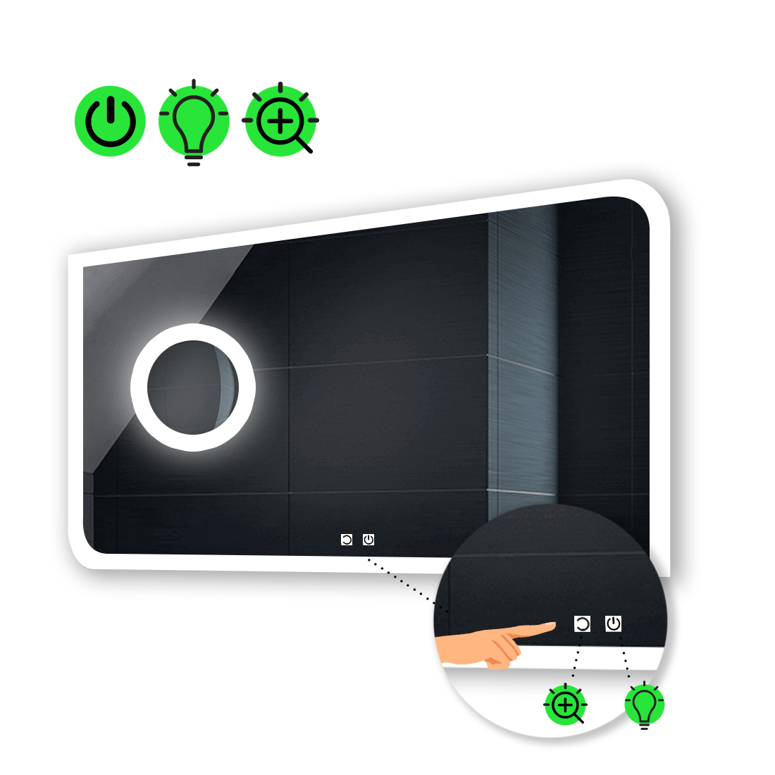 

LED-зеркало 90x70см, с двумя сенсорами и линзой с подсветкой, модель Kruka