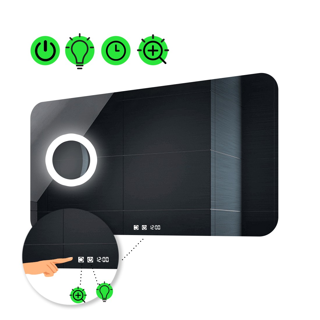 

LED-зеркало 100x80см, с двумя сенсорами, часами и линзой с подсветкой, модель Ornela