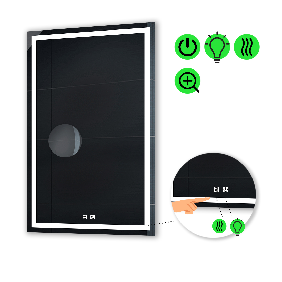 

LED-зеркало 90x100см, с двумя сенсорами, подогревом и линзой без подсветки, модель Karnet