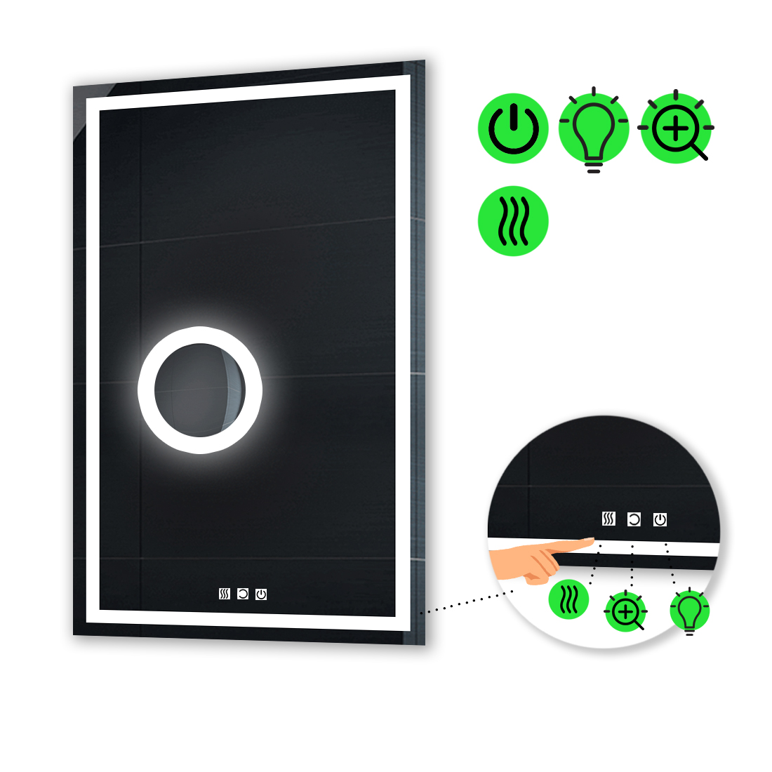 

LED-зеркало 70x90см, с тремя сенсорами, подогревом и линзой с подсветкой, модель Karnet