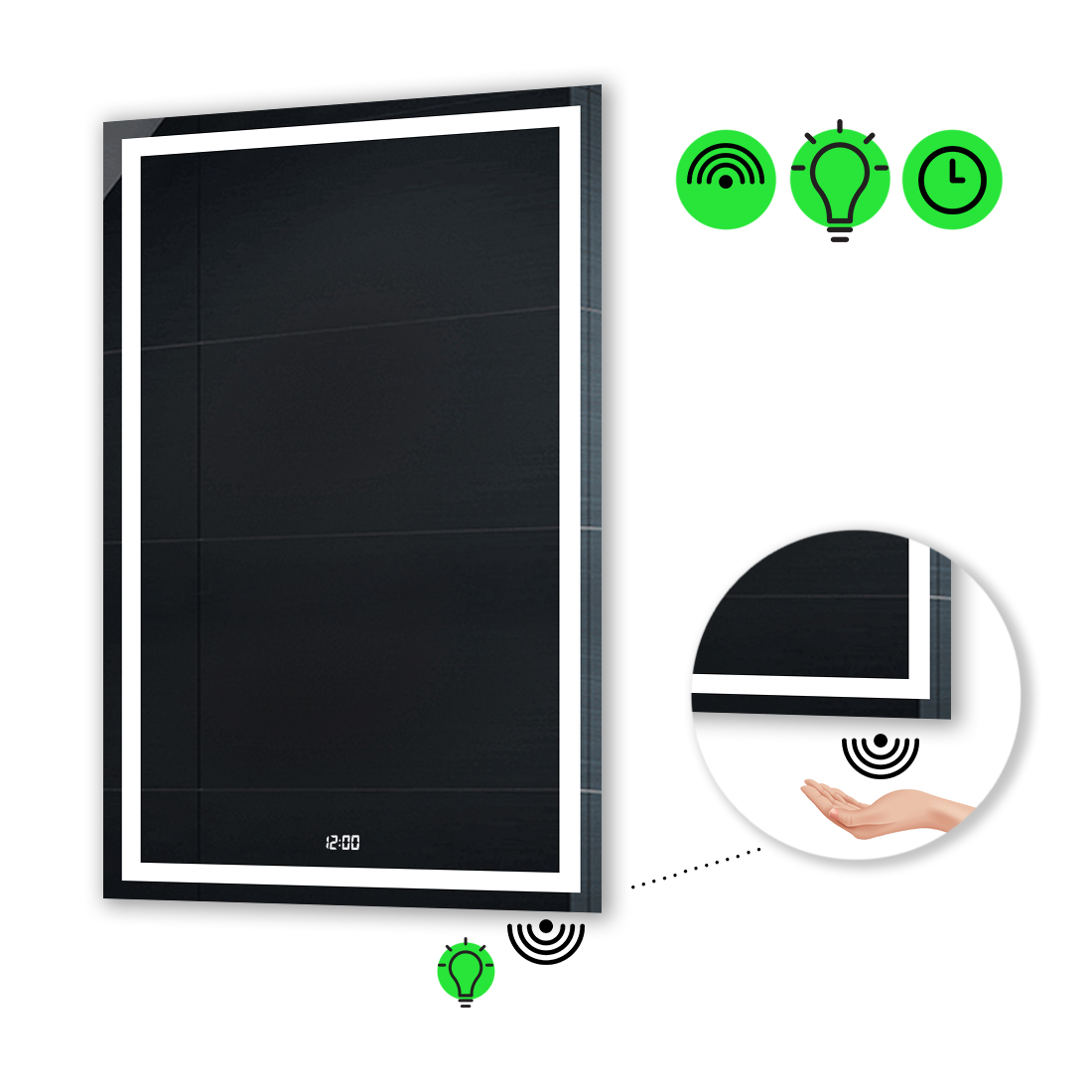 

LED-зеркало 60x100см, с ИК включателем и часами, модель Karnet