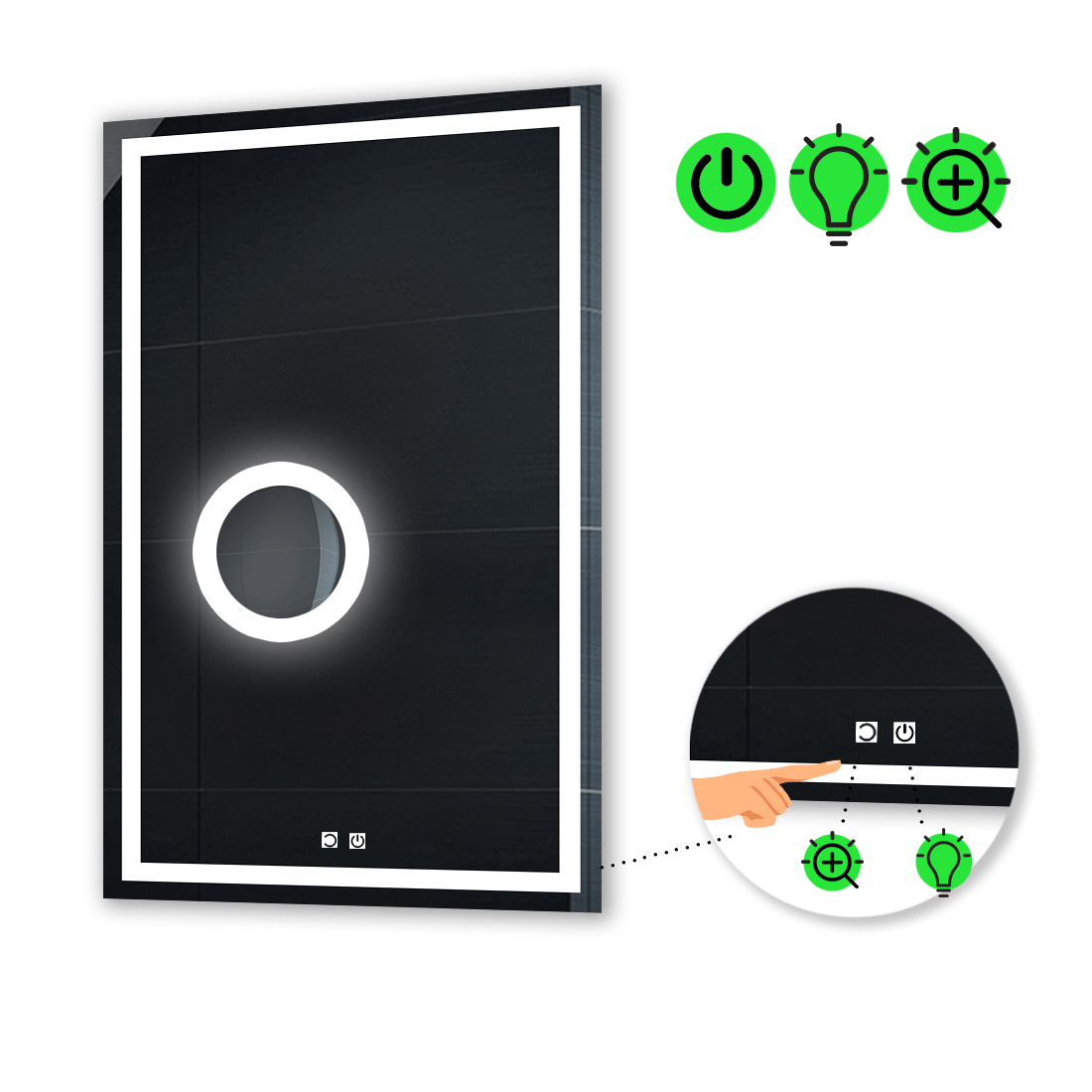 

LED-зеркало 100x120см, с двумя сенсорами и линзой с подсветкой, модель Karnet