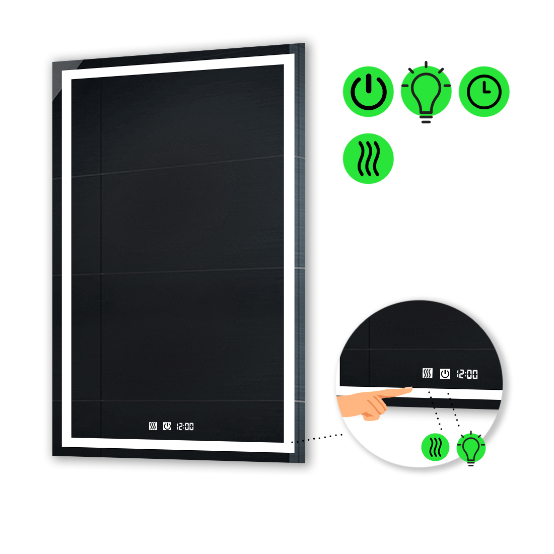 

LED-зеркало 70x110см, с двумя сенсорами, часами и подогревом, модель Karnet
