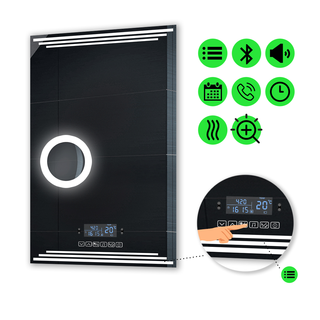 

LED-зеркало 100x120см, с Smart-блоком, линзой с подсветкой и подогревом, модель Francisca