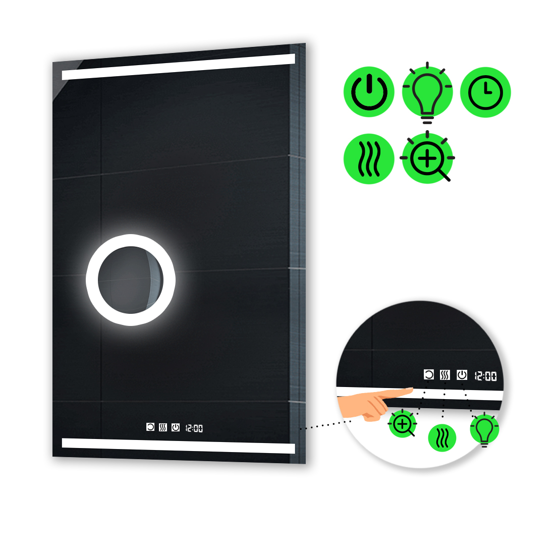 

LED-зеркало 80x120см, с тремя сенсорами, часами, подогревом и линзой с подсветкой, модель Adelita.