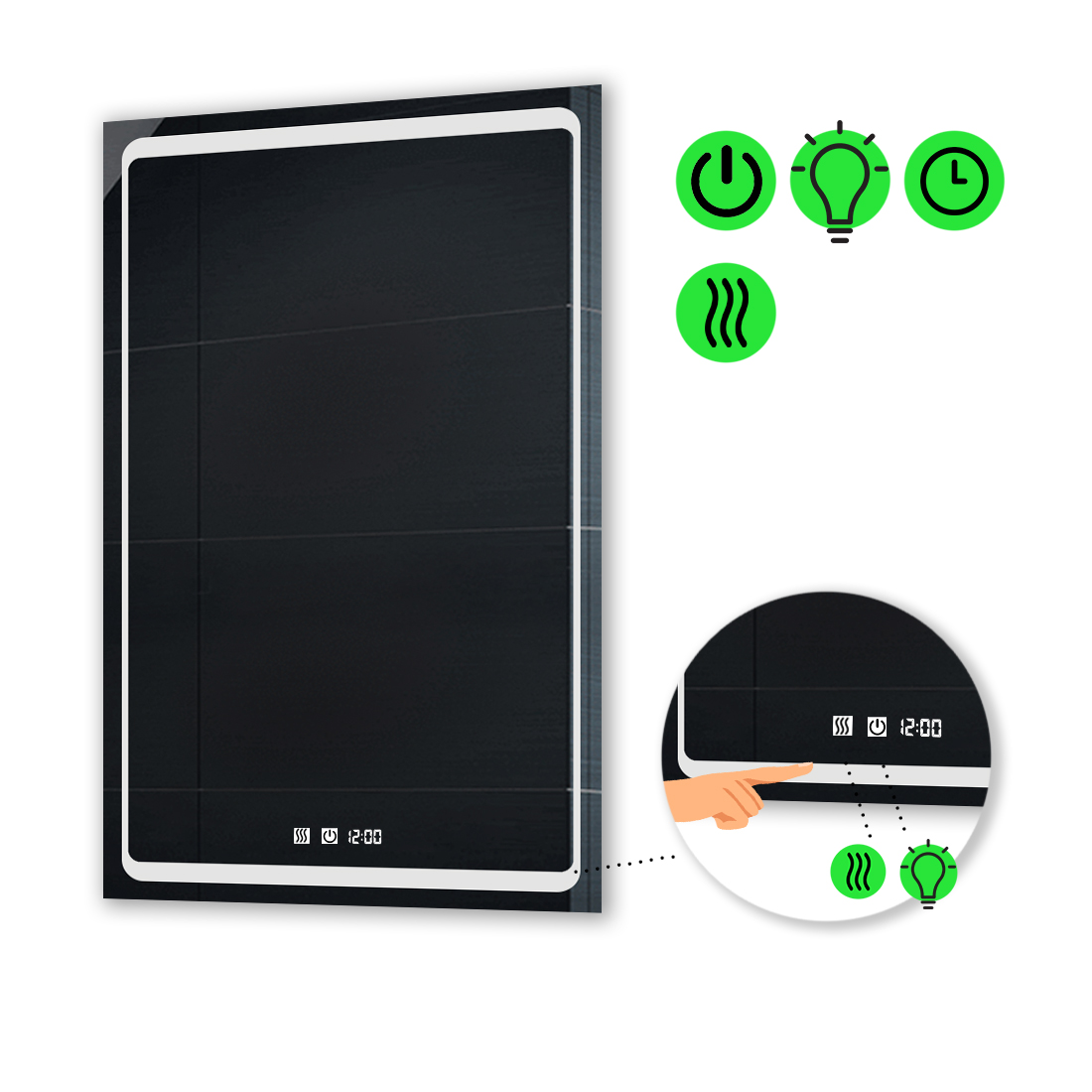 

LED-зеркало 60x100см, с двумя сенсорами, часами и подогревом, модель Emma