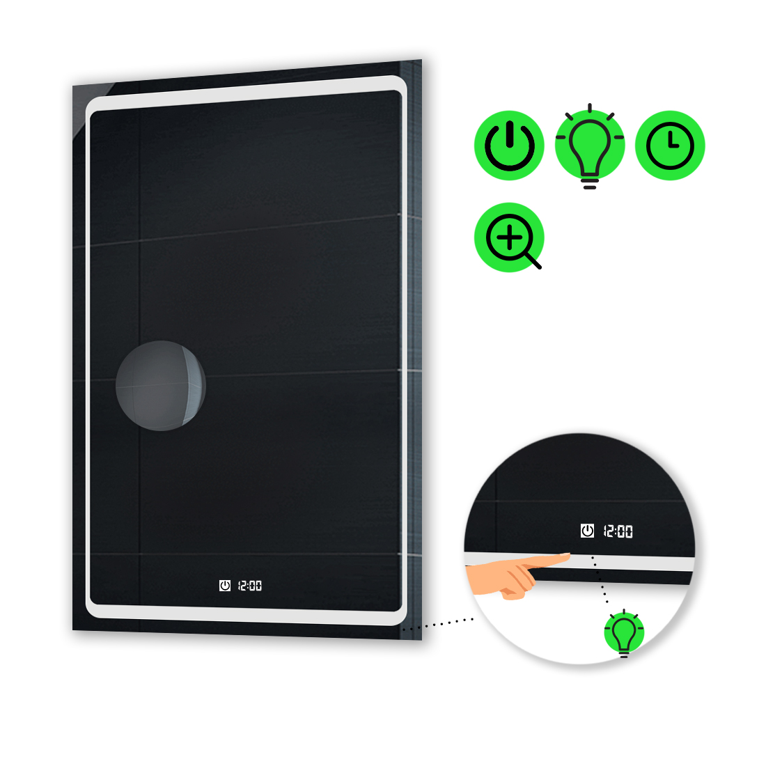

LED-зеркало 100x120см, с сенсором, часами и линзой без подсветки, модель Emma