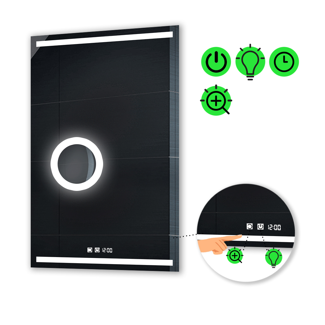 

LED-зеркало 90x140см, с двумя сенсорами, часами и линзой с подсветкой, модель Adelita