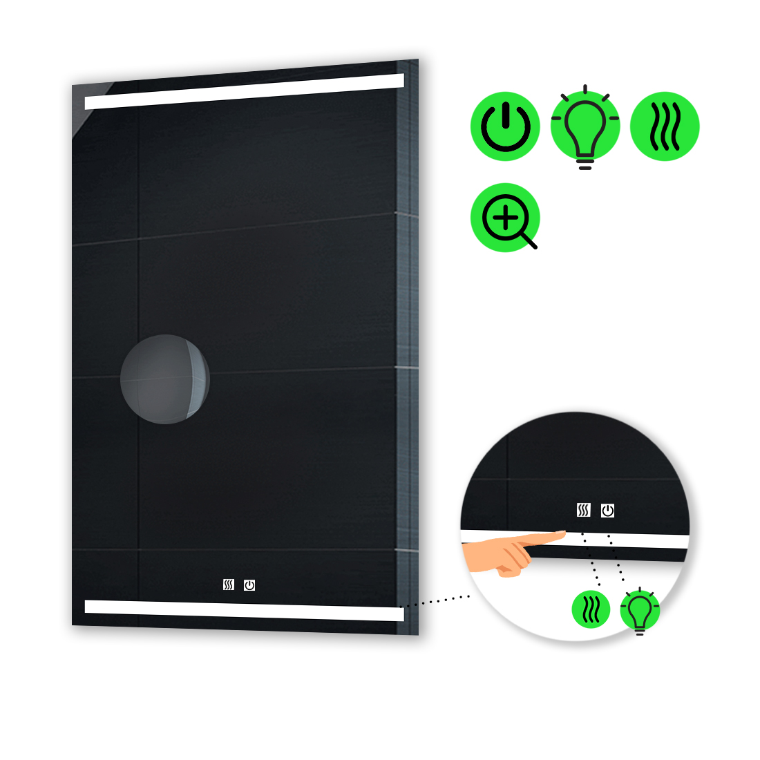 

LED-зеркало 80x100см, с двумя сенсорами, подогревом и линзой без подсветки, модель Adelita
