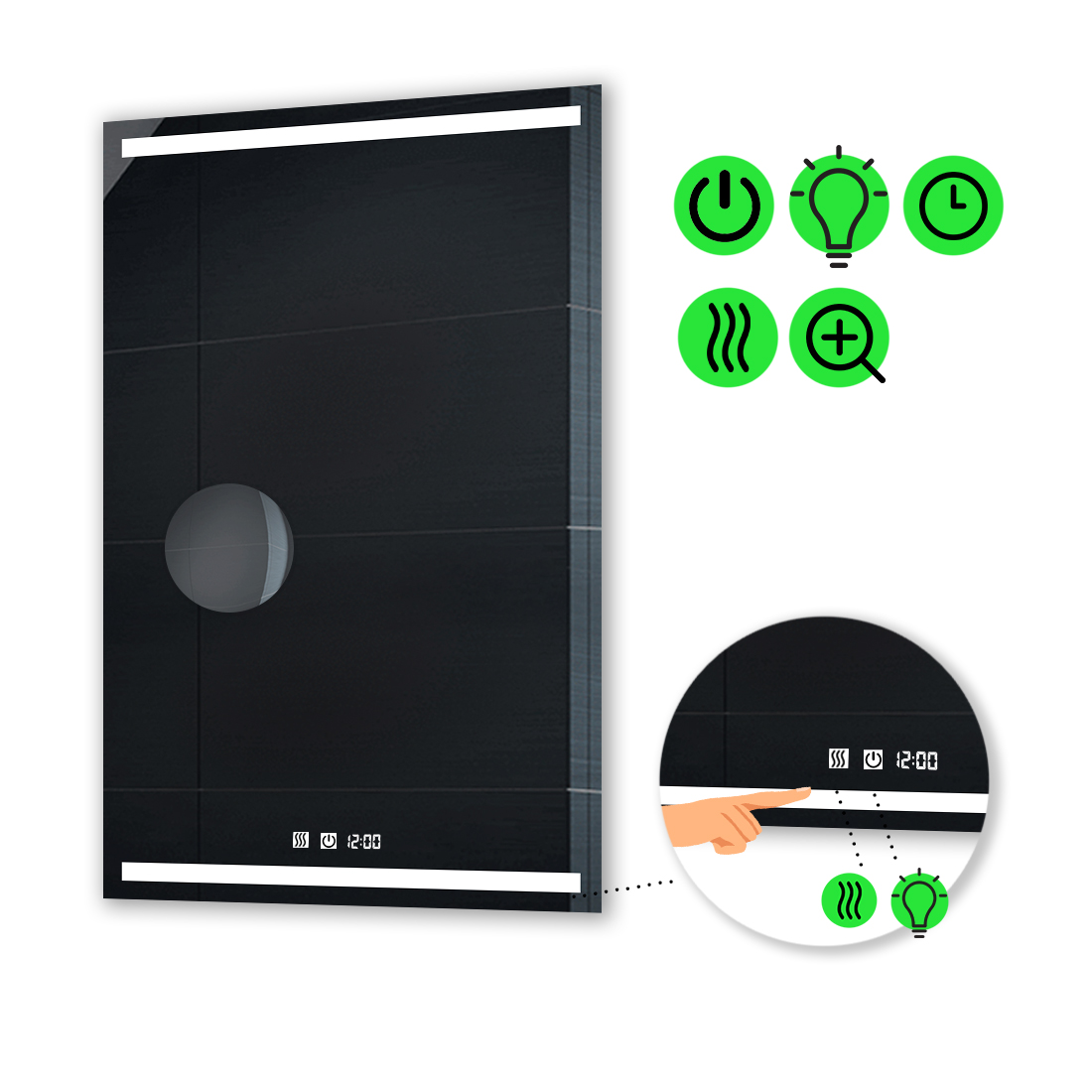 

LED-зеркало 90x140см, с двумя сенсорами, часами, подогревом и линзой без подсветки, модель Adelita