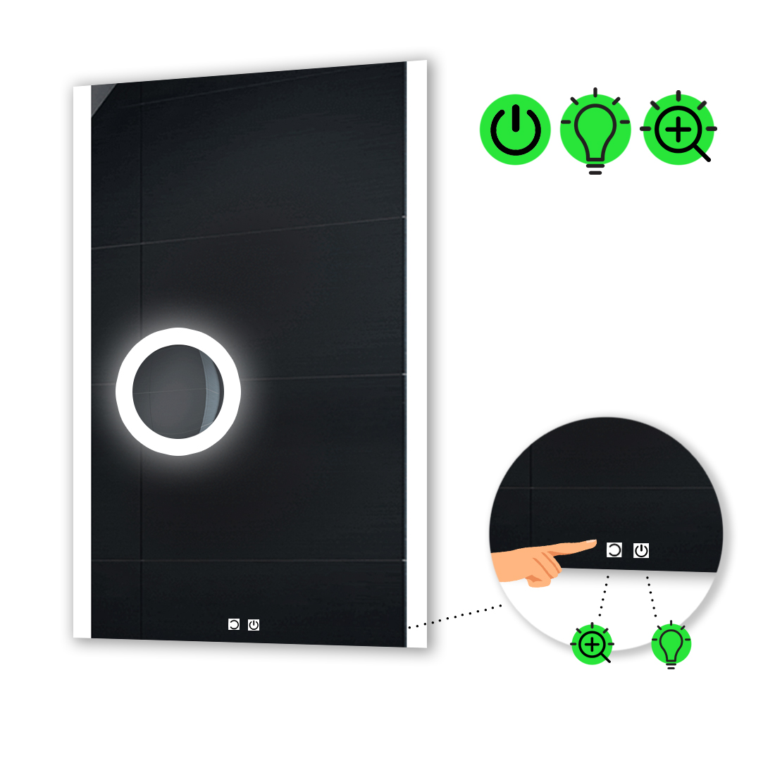

LED-зеркало 60x80см, с двумя сенсорами и линзой с подсветкой, модель Ines
