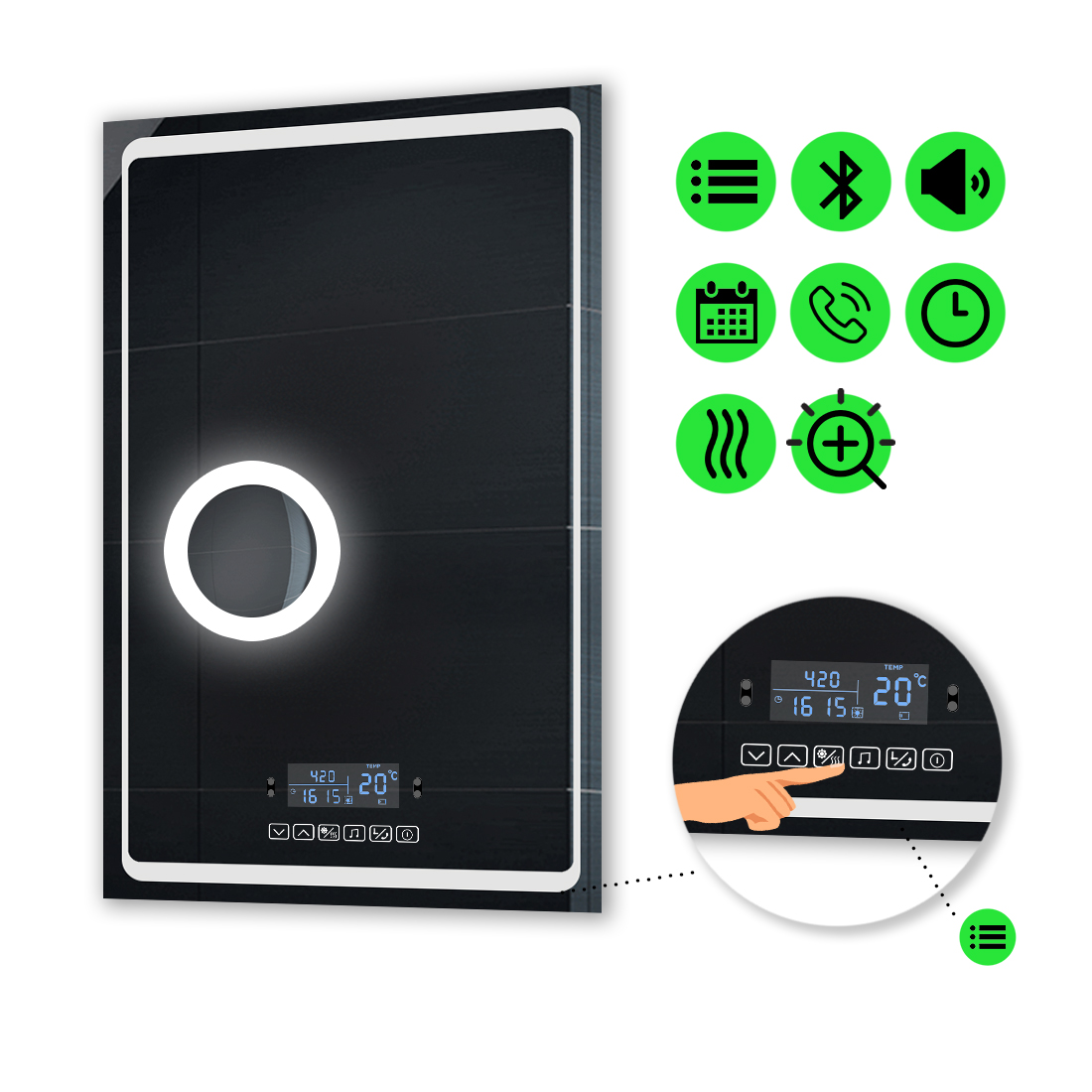 

LED-зеркало 80x120см, с Smart-блоком, линзой с подсветкой и подогревом, модель Emma