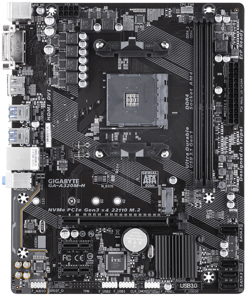 

Материнская плата GIGABYTE GA-A320M-H sAM4 2xDDR4/DVI/HDMI/3xPCIe/1xM.2 / mATX