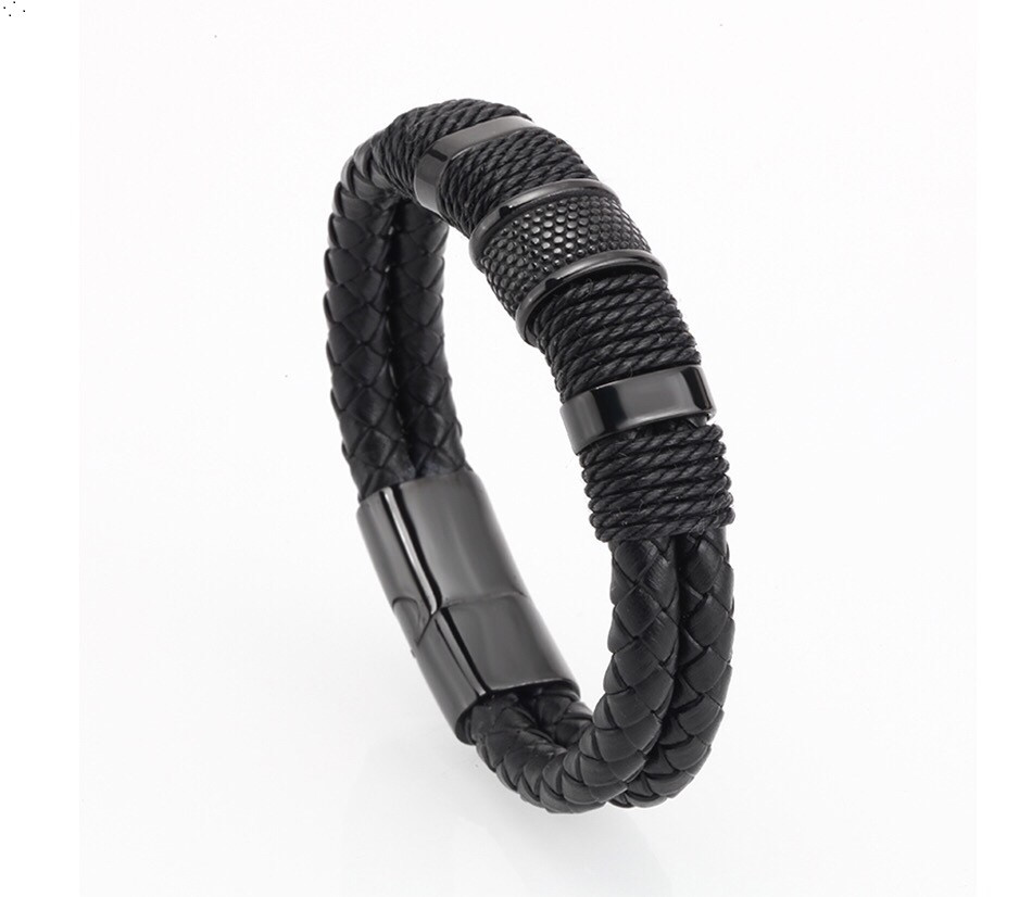 

Браслет из черной кожи с вставками из хирургической стали Black Casual Collection