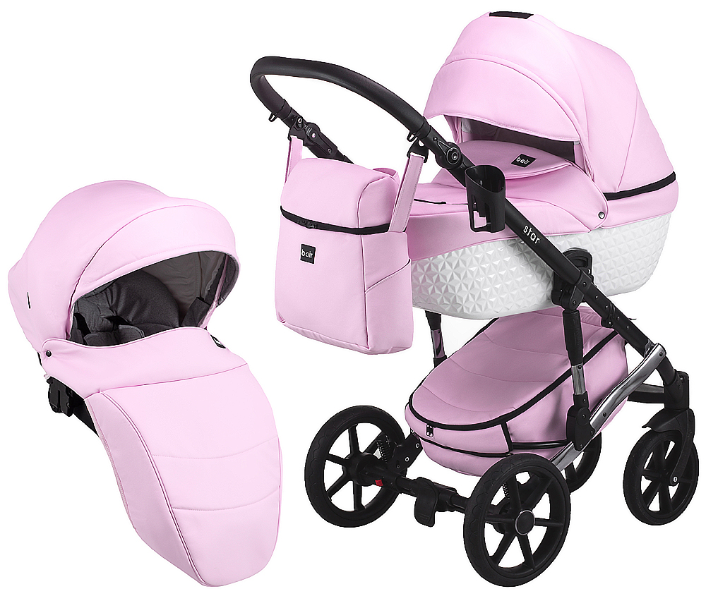

Коляска 2 в 1 Bair Star White (Silver) кожа 100% 10S розовый - белая люлька