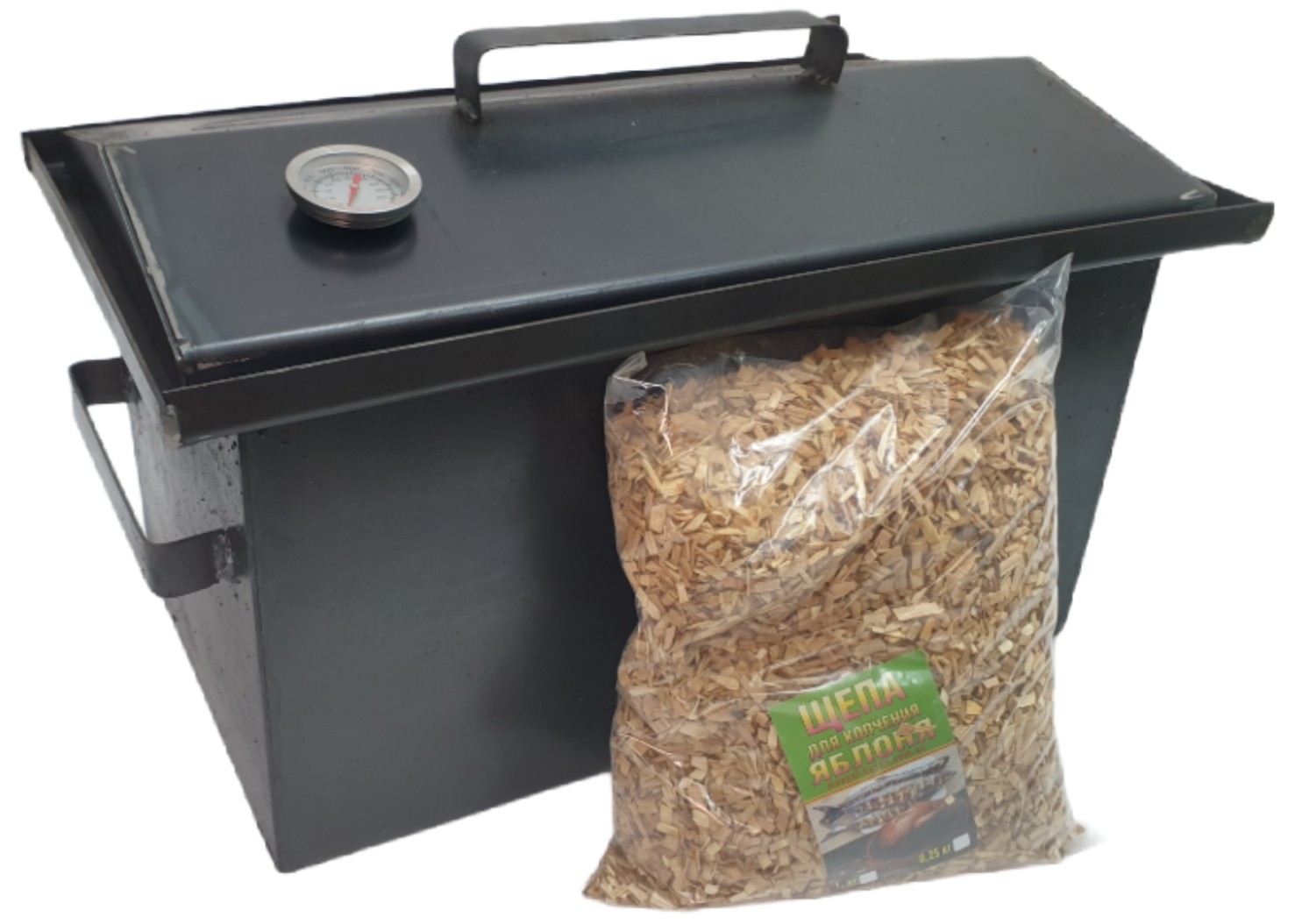 

Коптильня горячего копчения 2мм 520х320х300 с термометром (коптилка) + 1кг щепа Яблоня