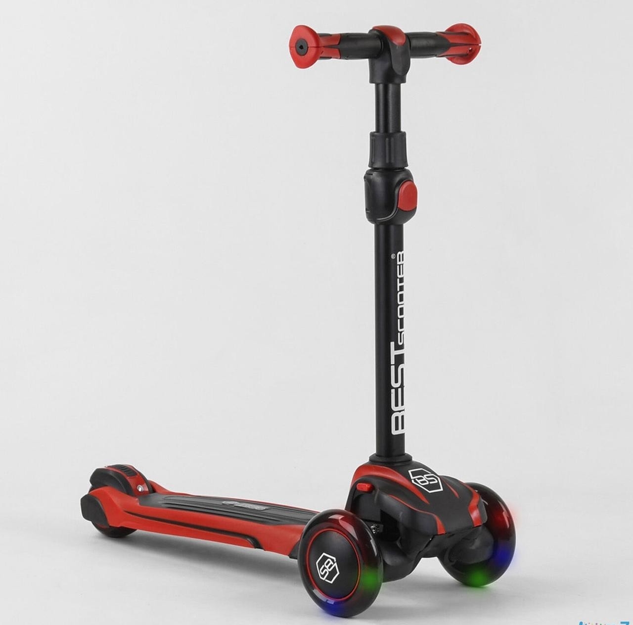 

Самокат трехколесный Best Scooter алюминиевый руль, 3 колеса PU со светом, d-12 см черный с красным