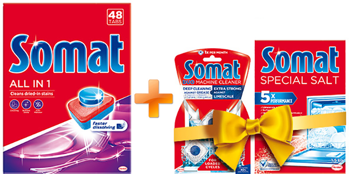 Акція на Стартовый набор Somat Таблетки для посудомоечной All in one 48 шт + Somat Salt + M care (9000101360943) від Rozetka UA