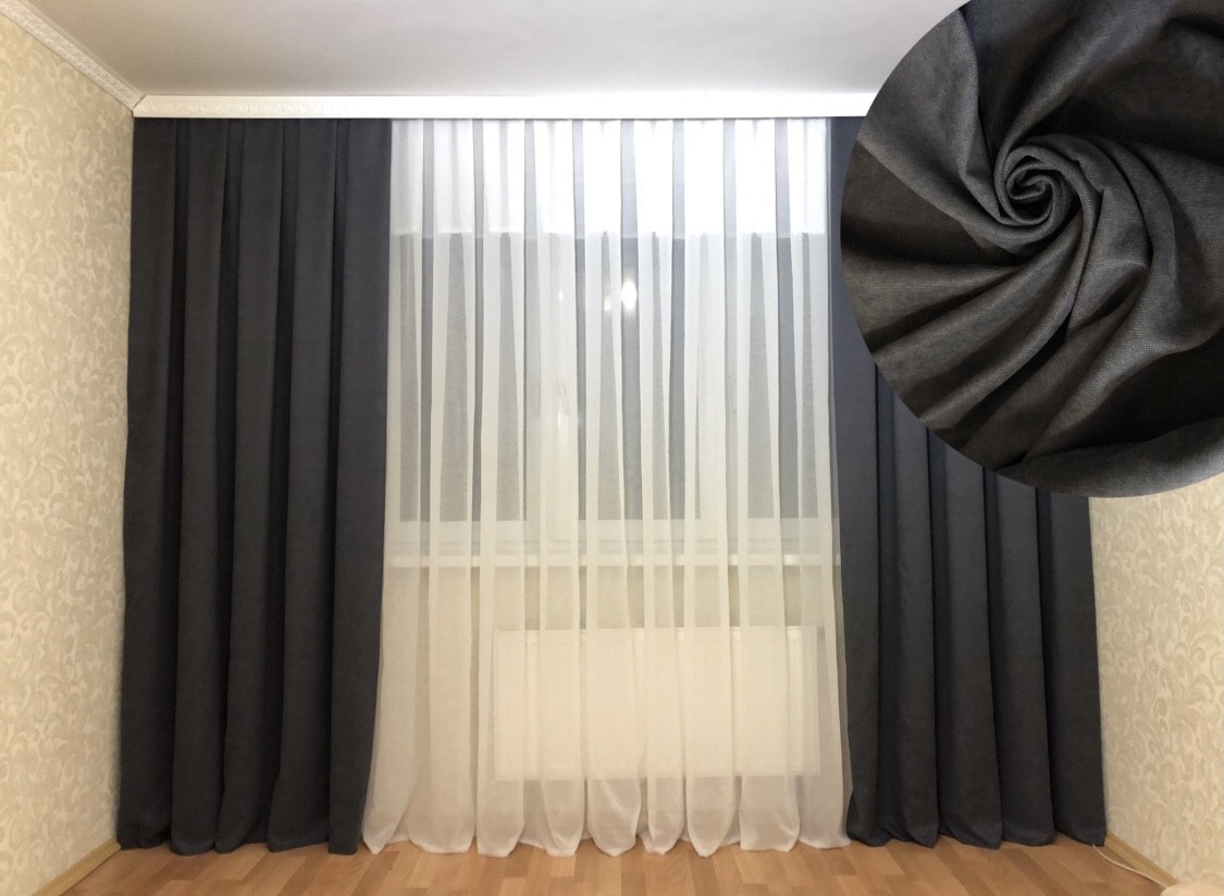 

Комплект штор и тюли. Шторы микровелюр темно-серые 250*300 (2шт). Тюль батист белый 600*300 (1шт)