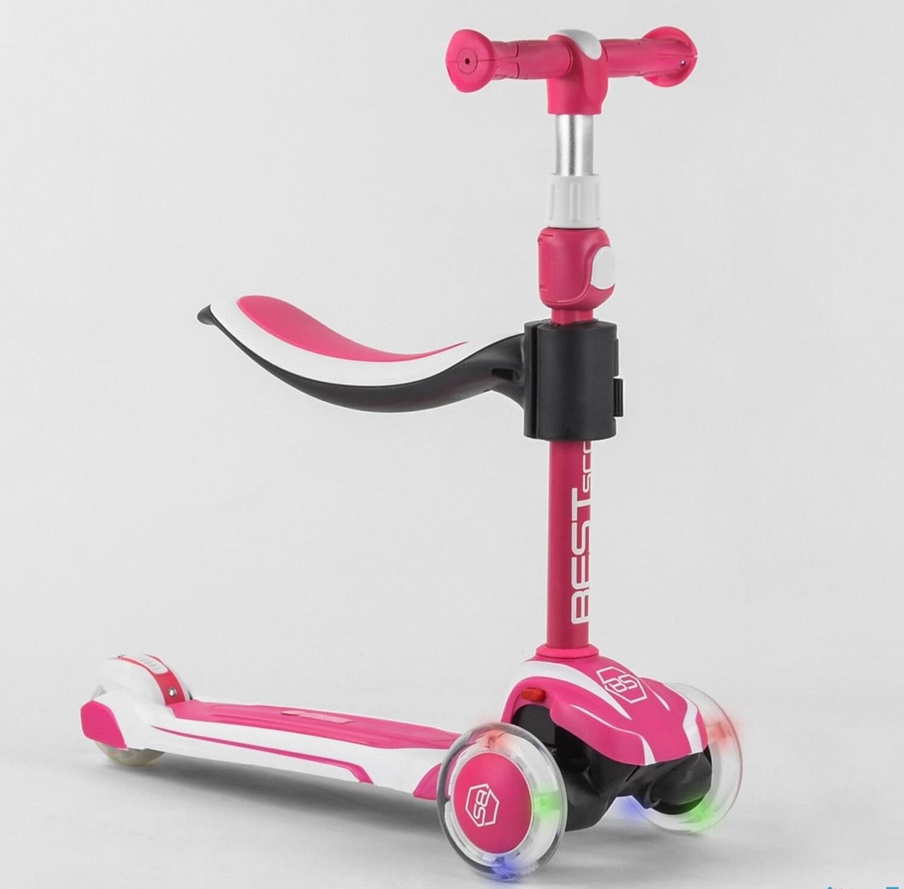 

Самокат трехколесный Best Scooter с сидением, алюминиевый руль, колеса PU со светом, d-12 см розовый с белым