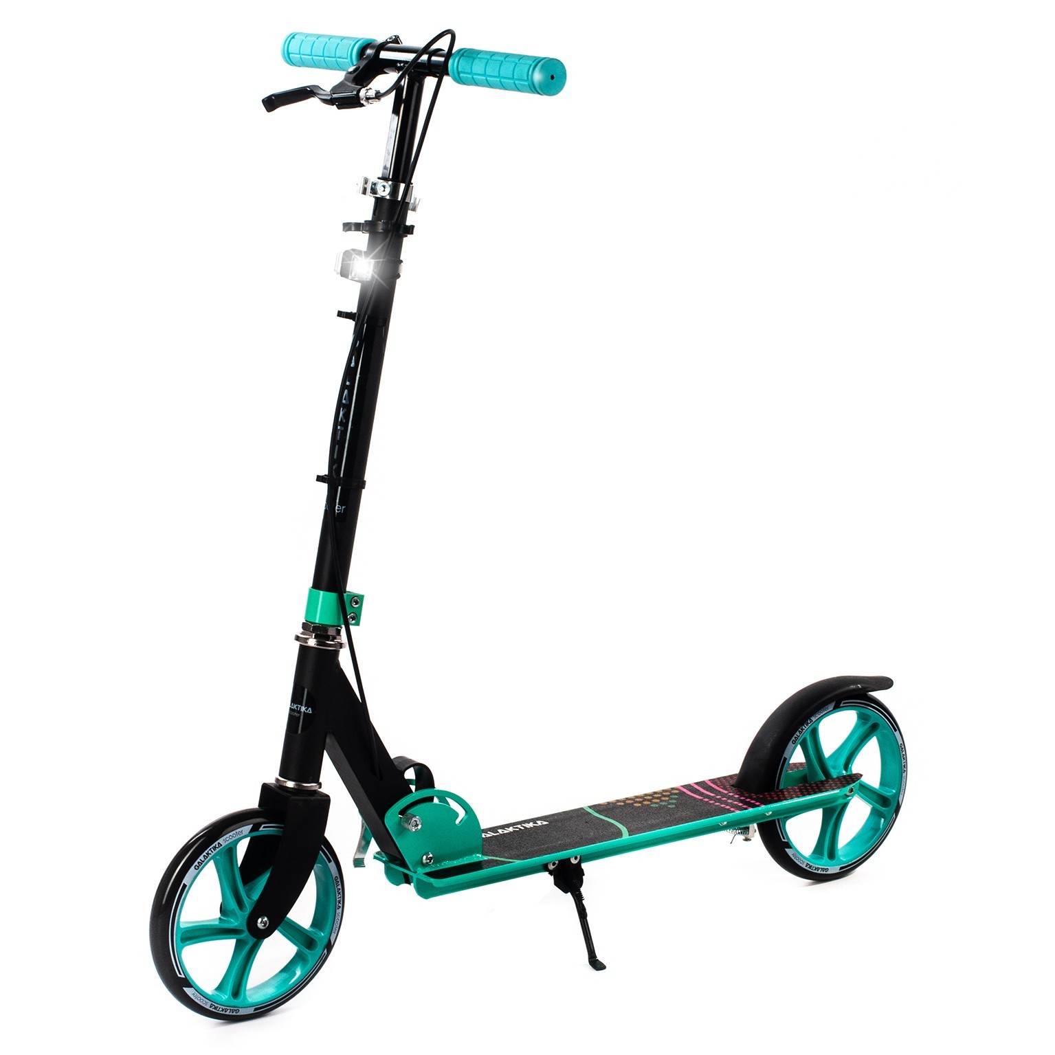 

​Самокат Galaktika Scooter алюминиевый Бирюзовый с фонариком. Ручной тормоз
