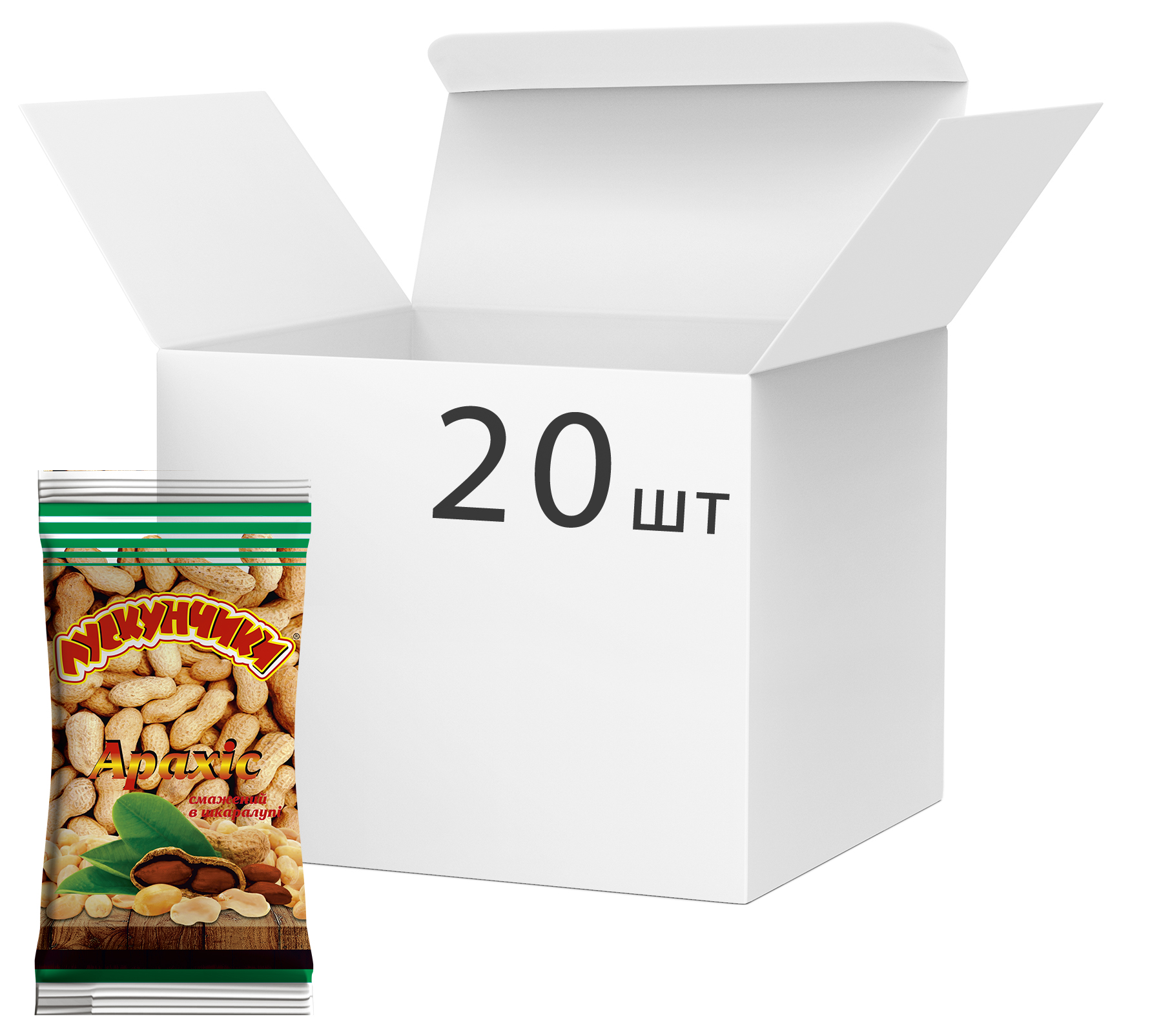 Акція на Упаковка арахиса Лускунчики жареный в скорлупе 70 г х 20 шт (4820109580229) від Rozetka UA